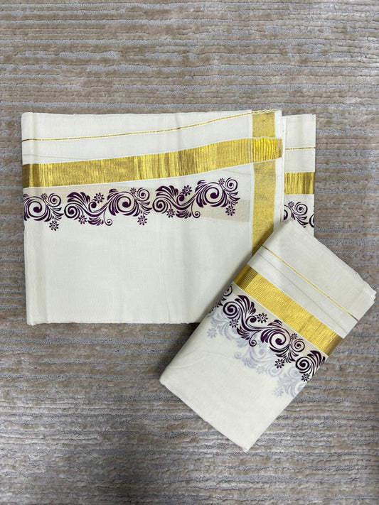 Southloom Pure Cotton Kerala Single Floral Print Set Mundu (Mundum Neriyathum) Violet Border in 2.80 mtrs SL245