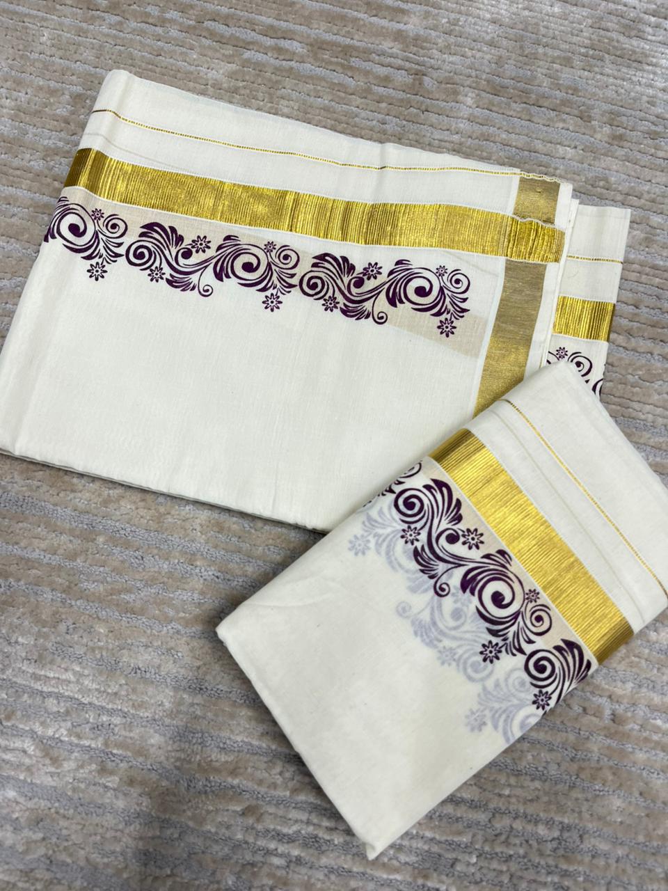 Southloom Pure Cotton Kerala Single Floral Print Set Mundu (Mundum Neriyathum) Violet Border in 2.80 mtrs SL245
