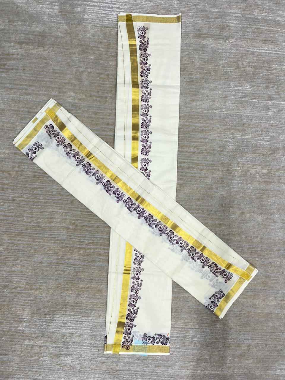Southloom Pure Cotton Kerala Single Floral Print Set Mundu (Mundum Neriyathum) Violet Border in 2.80 mtrs SL245