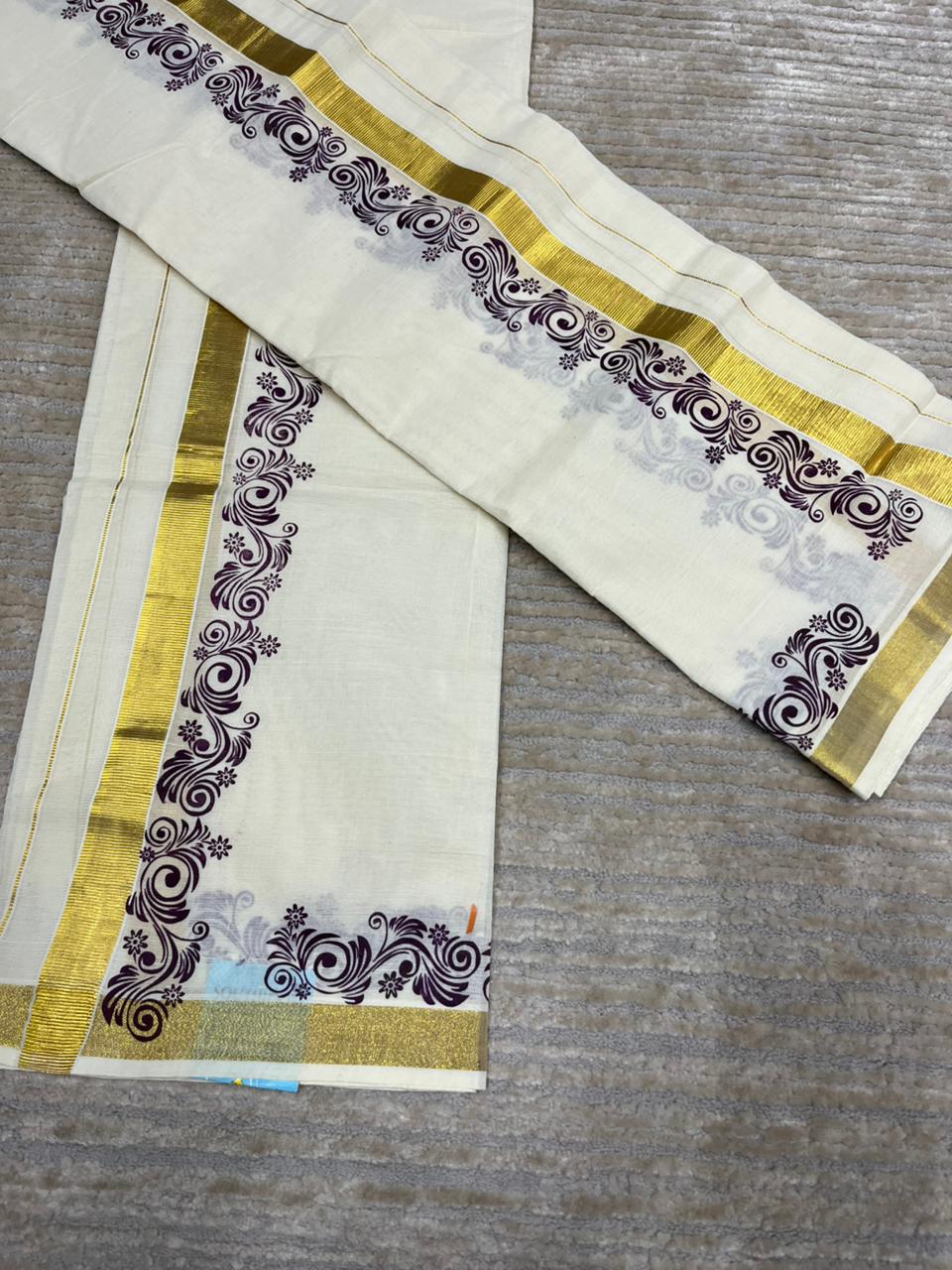 Southloom Pure Cotton Kerala Single Floral Print Set Mundu (Mundum Neriyathum) Violet Border in 2.80 mtrs SL245