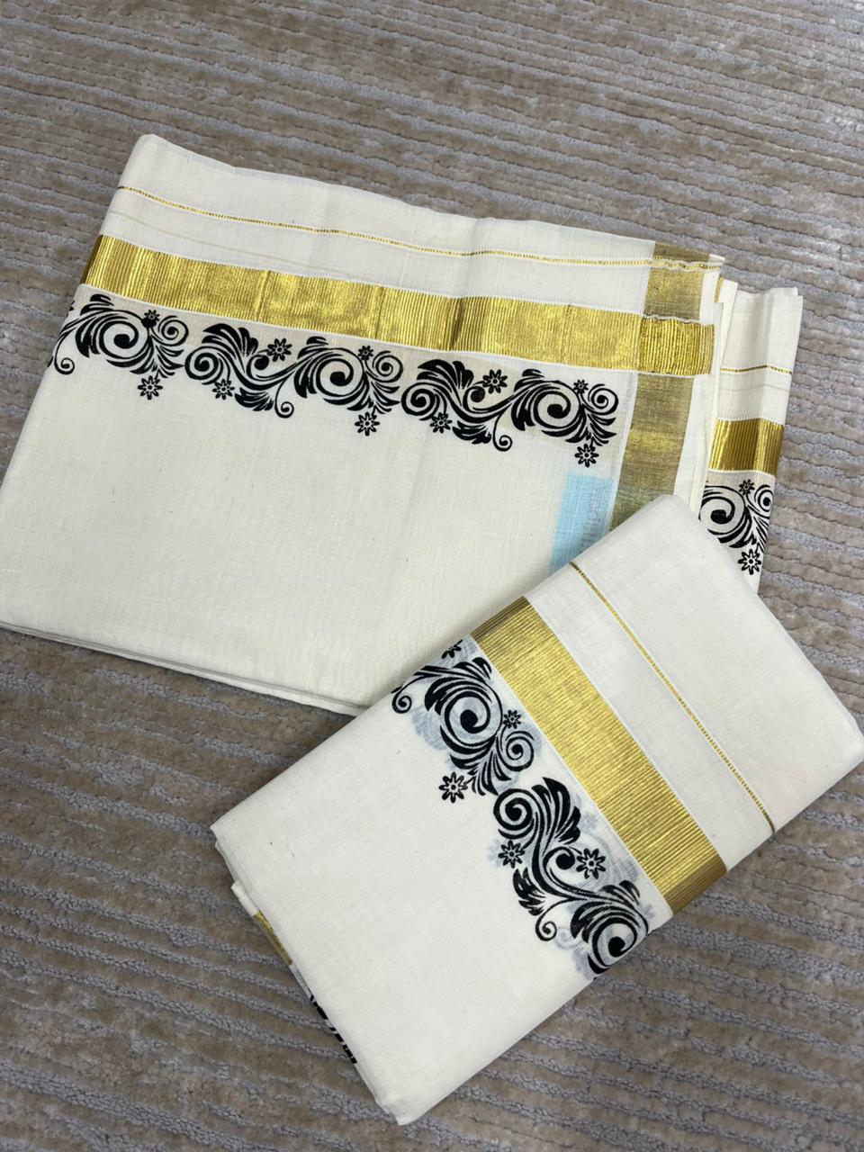 Southloom Pure Cotton Kerala Single Floral Print Set Mundu (Mundum Neriyathum) Black Border in 2.80 mtrs SL245