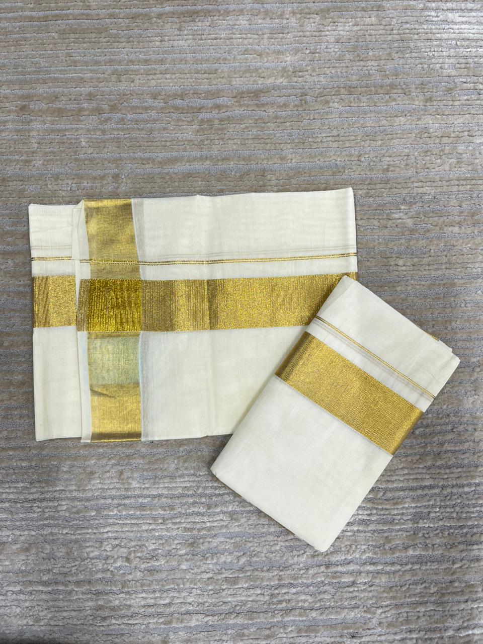 Southloom Pure Cotton Mundum Neriyathum (Set Mundu) with Gold Kasavu in 2 Inch Boarder 2.80 Mtrs