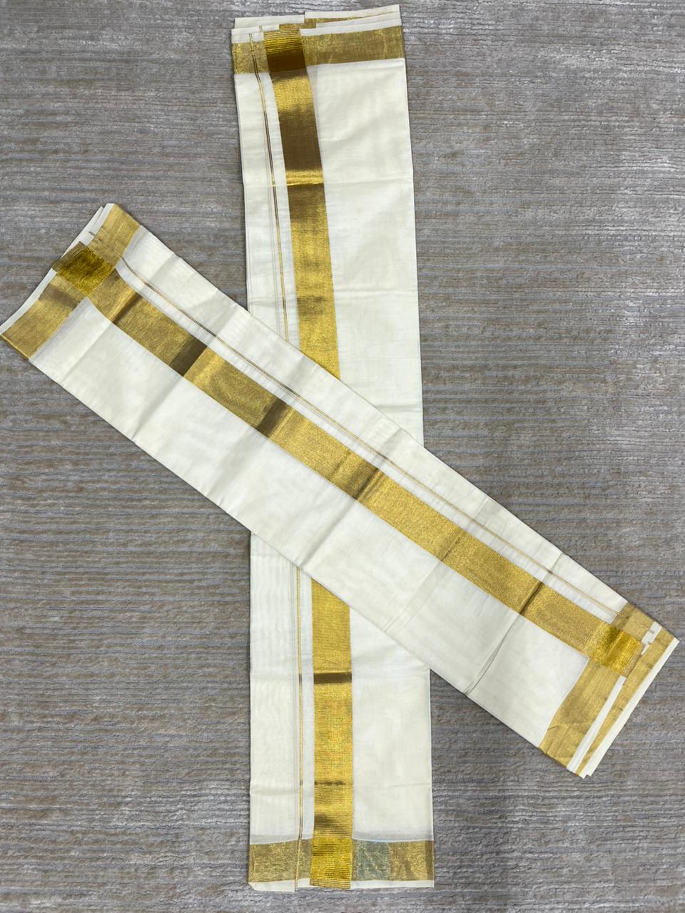 Southloom Pure Cotton Mundum Neriyathum (Set Mundu) with Gold Kasavu in 2 Inch Boarder 2.80 Mtrs