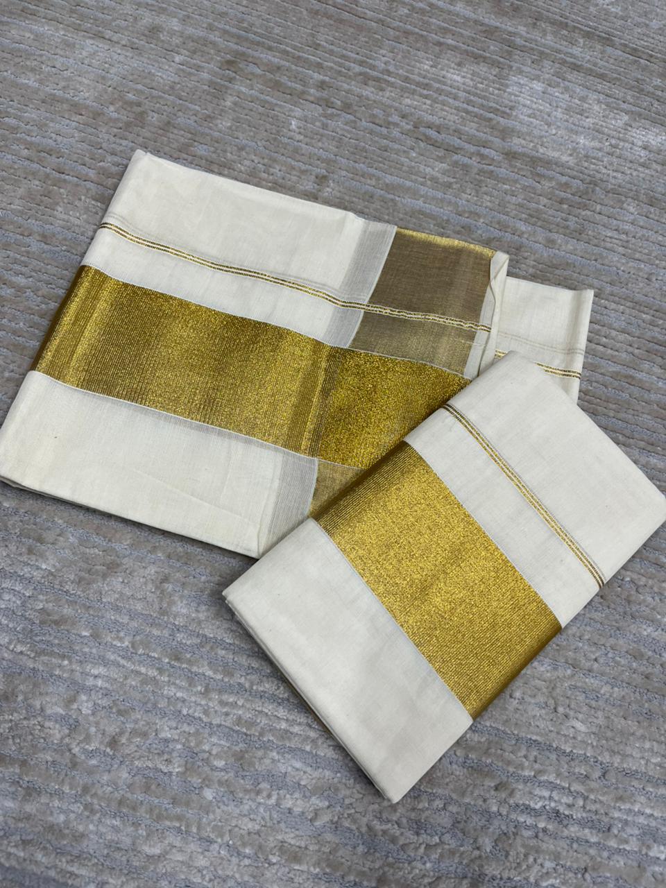 Southloom Pure Cotton Mundum Neriyathum (Set Mundu) with Gold Kasavu in 3 Inch Boarder 2.80 Mtrs