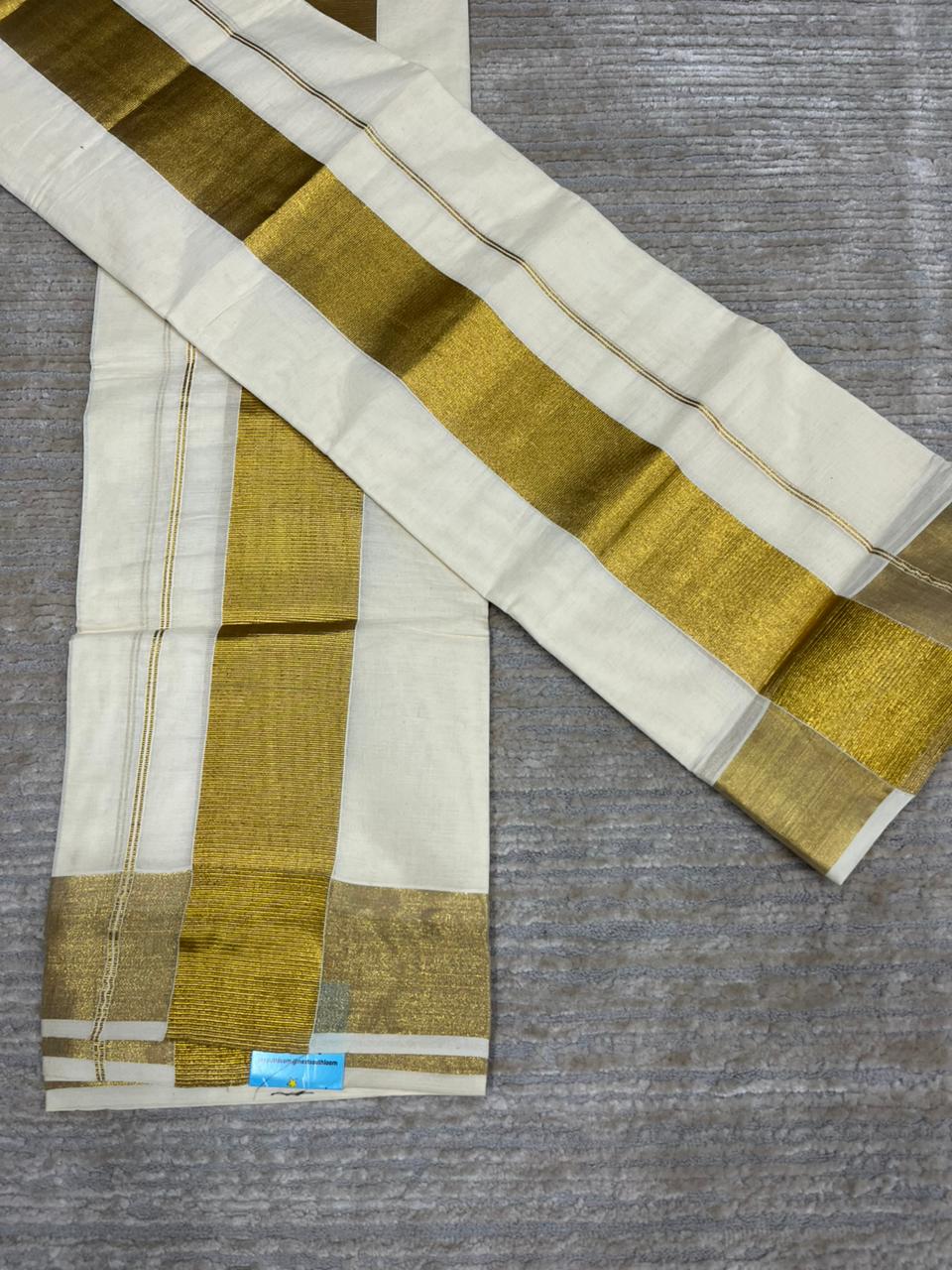 Southloom Pure Cotton Mundum Neriyathum (Set Mundu) with Gold Kasavu in 3 Inch Boarder 2.80 Mtrs