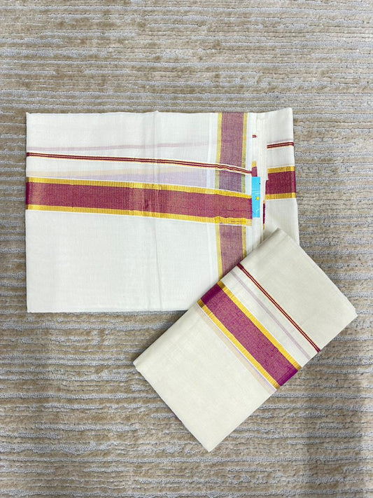 Southloom Pure Cotton Kerala Kasavu Set Mundu (Mundum Neriyathum) Gold Kasavu & Magenta Border in 2.80 Mtrs