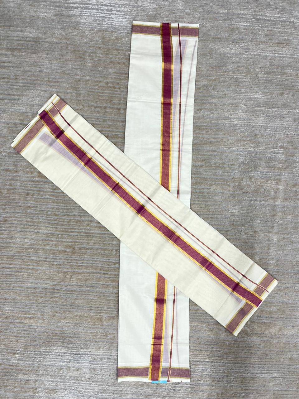 Southloom Pure Cotton Kerala Kasavu Set Mundu (Mundum Neriyathum) Gold Kasavu & Magenta Border in 2.80 Mtrs