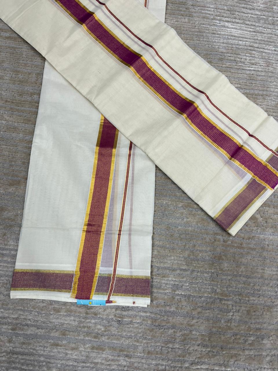 Southloom Pure Cotton Kerala Kasavu Set Mundu (Mundum Neriyathum) Gold Kasavu & Magenta Border in 2.80 Mtrs