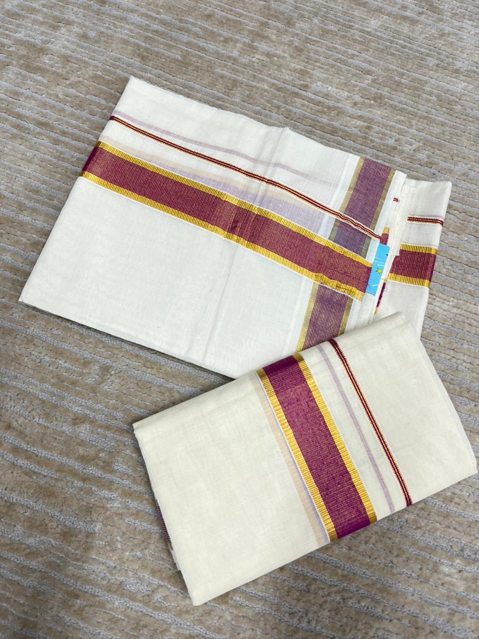 Southloom Pure Cotton Kerala Kasavu Set Mundu (Mundum Neriyathum) Gold Kasavu & Magenta Border in 2.80 Mtrs