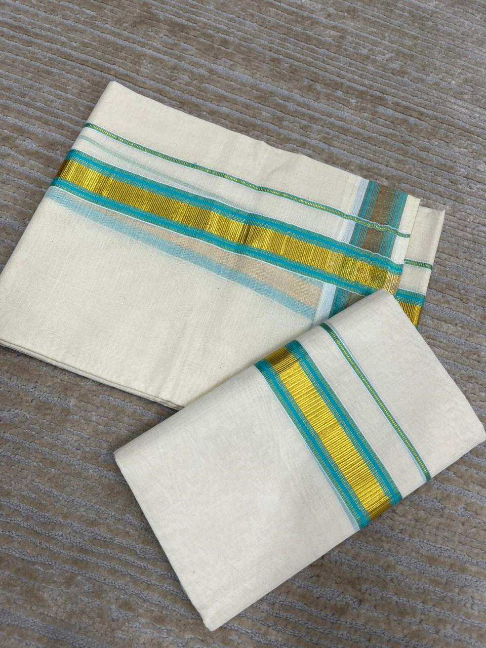 Southloom Pure Cotton Kerala Kasavu Set Mundu (Mundum Neriyathum) Gold Kasavu & Turquoise Border 2.80 Mtrs