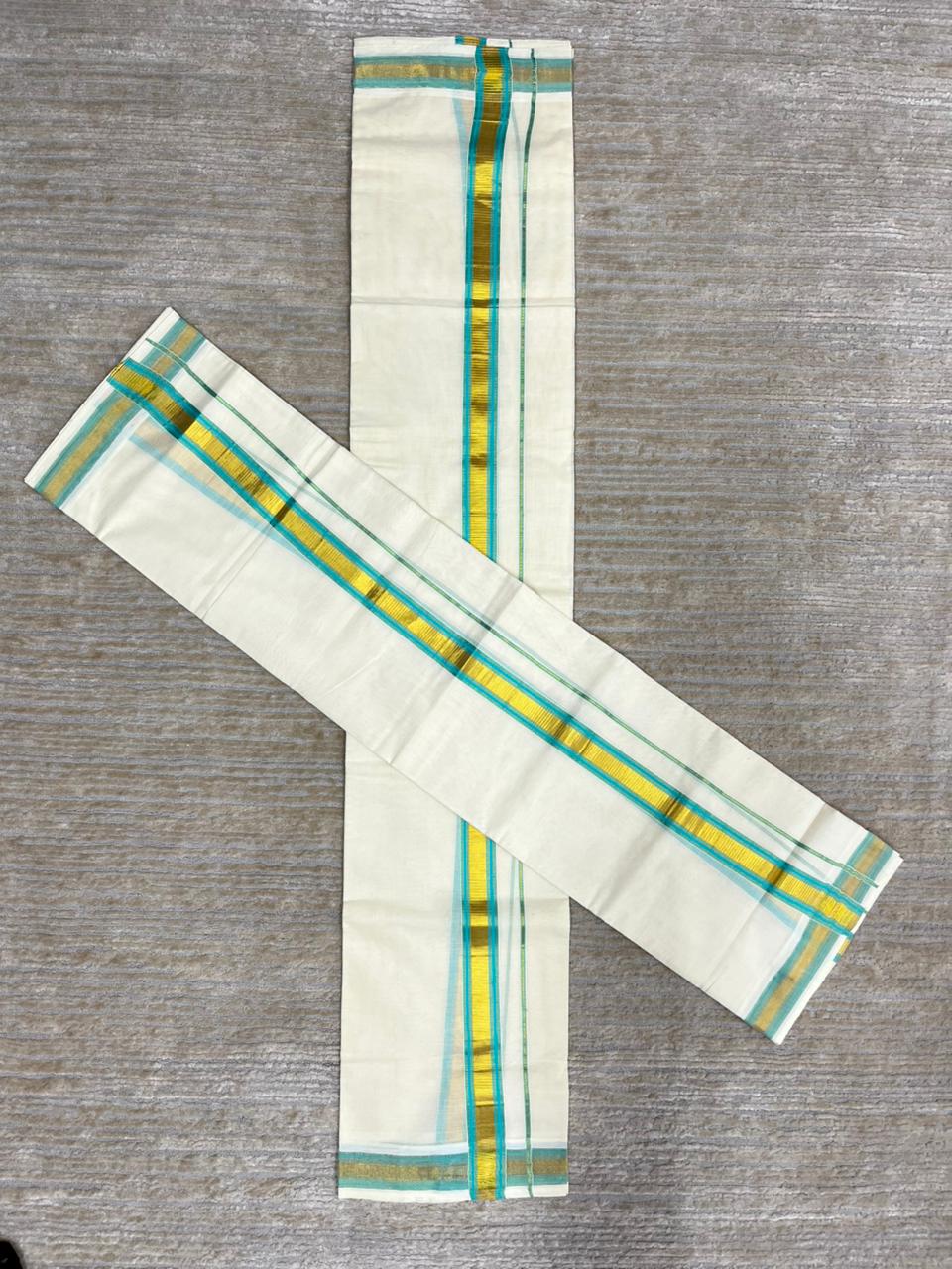 Southloom Pure Cotton Kerala Kasavu Set Mundu (Mundum Neriyathum) Gold Kasavu & Turquoise Border 2.80 Mtrs