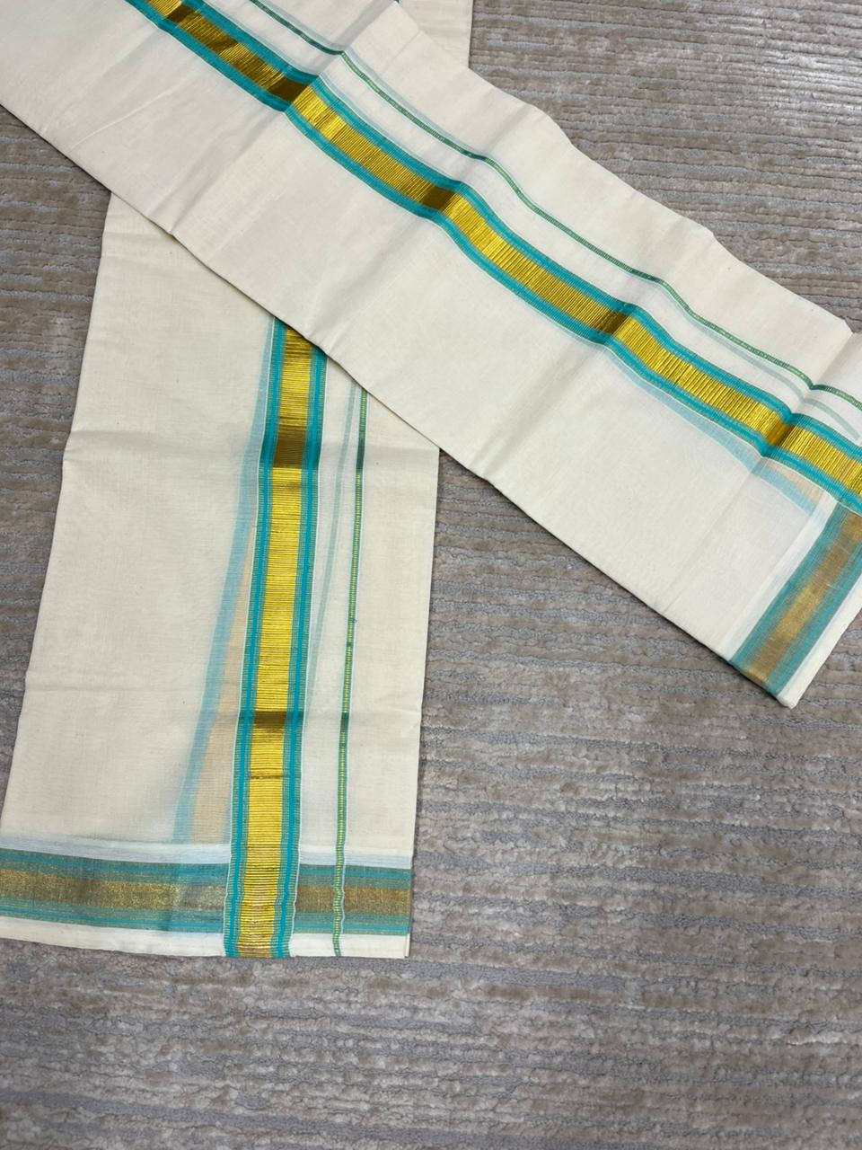 Southloom Pure Cotton Kerala Kasavu Set Mundu (Mundum Neriyathum) Gold Kasavu & Turquoise Border 2.80 Mtrs