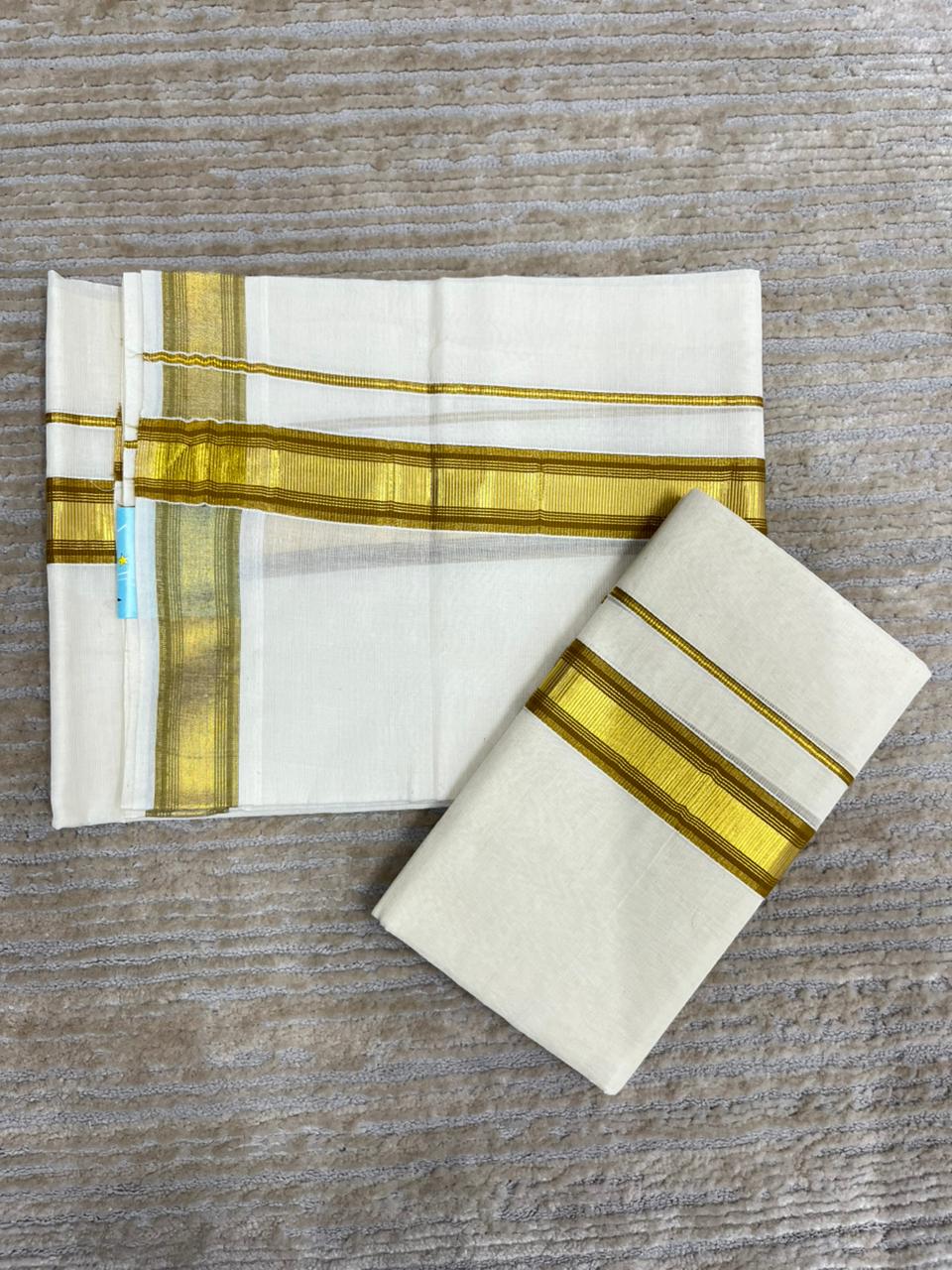 Southloom Pure Cotton Kerala Kasavu Set Mundu (Mundum Neriyathum) Gold Kasavu & Mustard Yellow Border 2.80 Mtrs