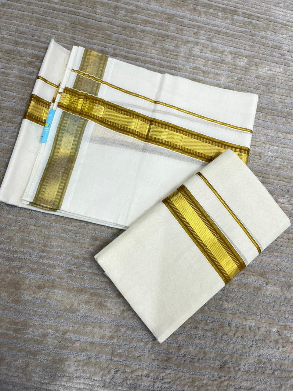 Southloom Pure Cotton Kerala Kasavu Set Mundu (Mundum Neriyathum) Gold Kasavu & Mustard Yellow Border 2.80 Mtrs
