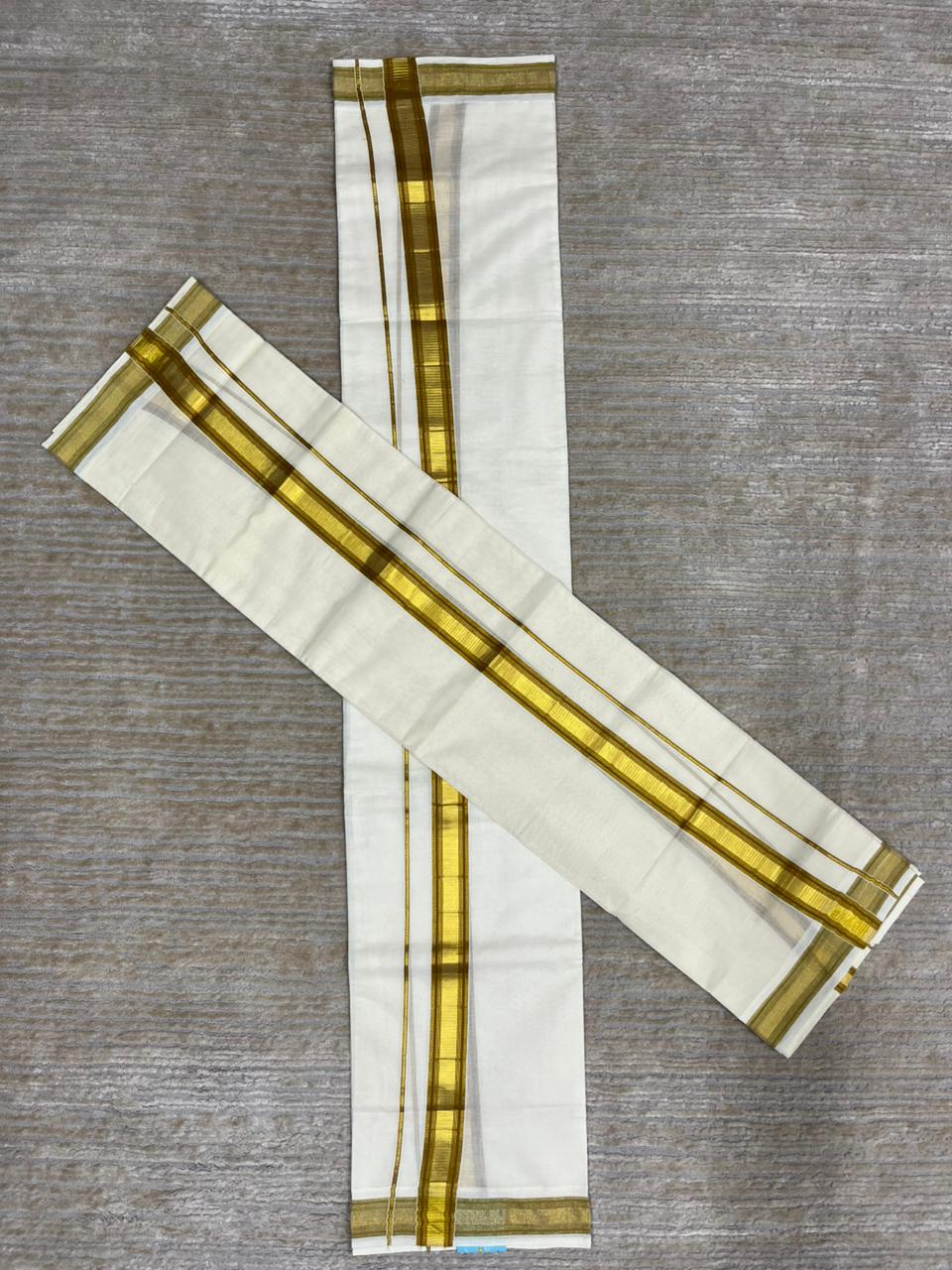 Southloom Pure Cotton Kerala Kasavu Set Mundu (Mundum Neriyathum) Gold Kasavu & Mustard Yellow Border 2.80 Mtrs