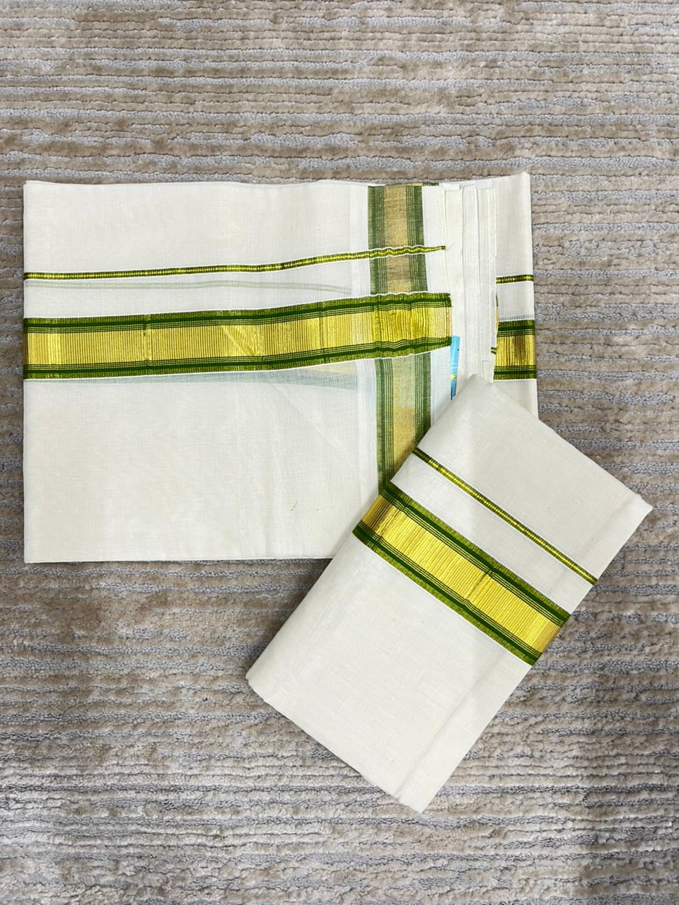 Southloom Pure Cotton Kerala Kasavu Set Mundu (Mundum Neriyathum) Gold Kasavu & Green Border 2.80 Mtrs