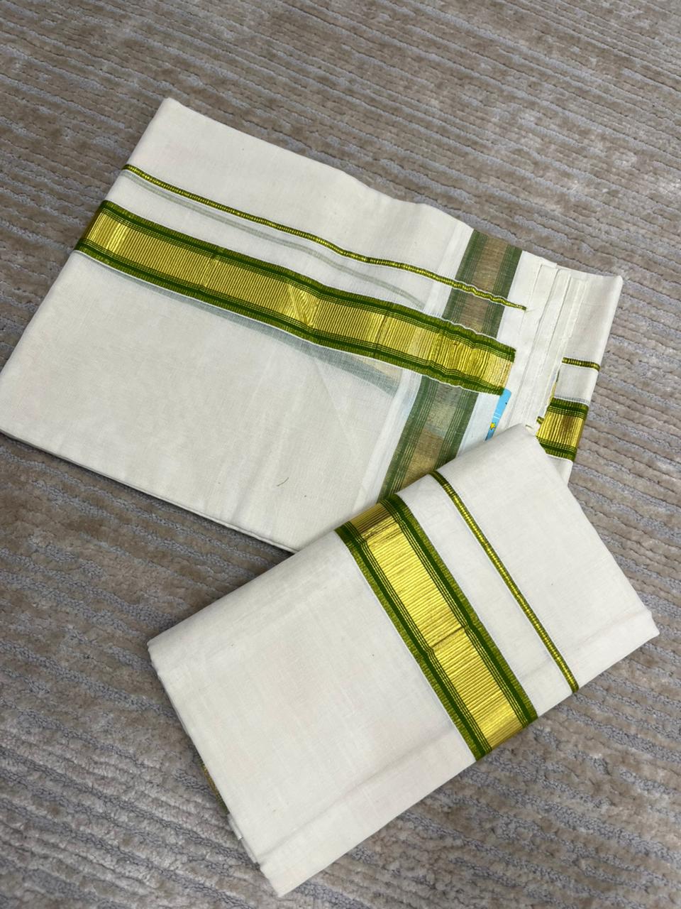 Southloom Pure Cotton Kerala Kasavu Set Mundu (Mundum Neriyathum) Gold Kasavu & Green Border 2.80 Mtrs