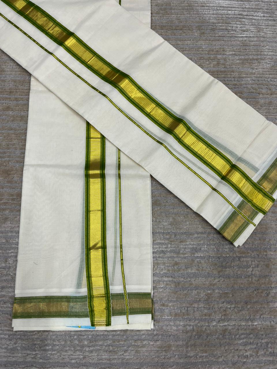 Southloom Pure Cotton Kerala Kasavu Set Mundu (Mundum Neriyathum) Gold Kasavu & Green Border 2.80 Mtrs