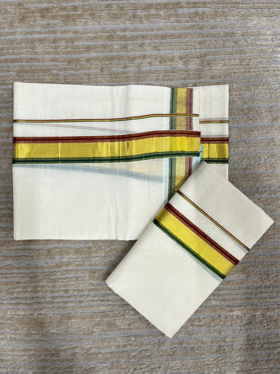 Southloom Pure Cotton Kerala Kasavu Set Mundu (Mundum Neriyathum) Gold Kasavu & Green And Red Border 2.80 Mtrs