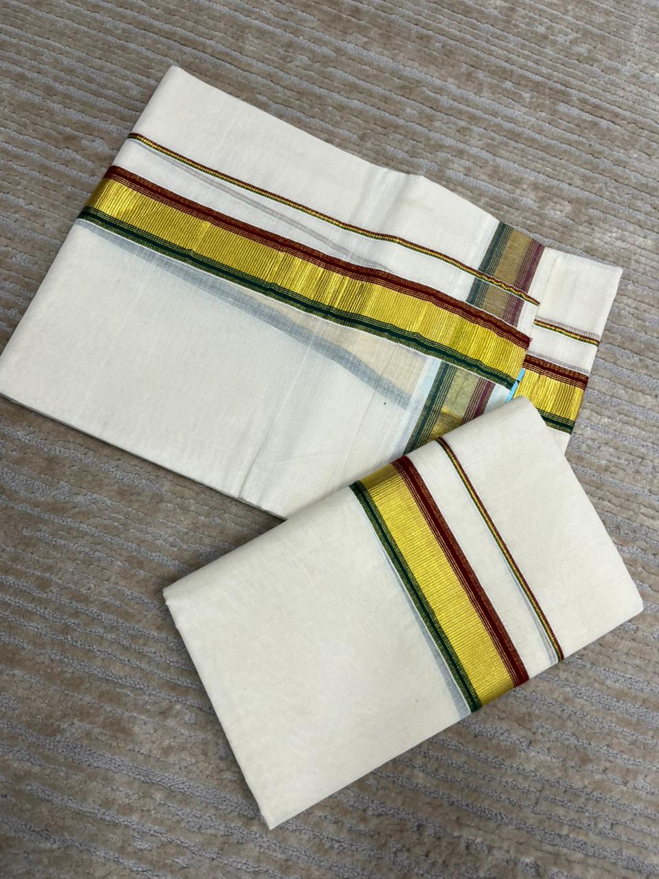 Southloom Pure Cotton Kerala Kasavu Set Mundu (Mundum Neriyathum) Gold Kasavu & Green And Red Border 2.80 Mtrs