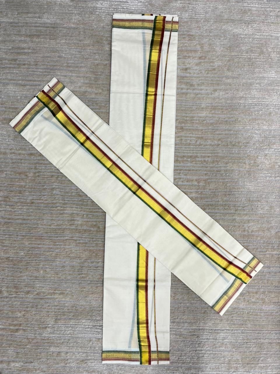 Southloom Pure Cotton Kerala Kasavu Set Mundu (Mundum Neriyathum) Gold Kasavu & Green And Red Border 2.80 Mtrs