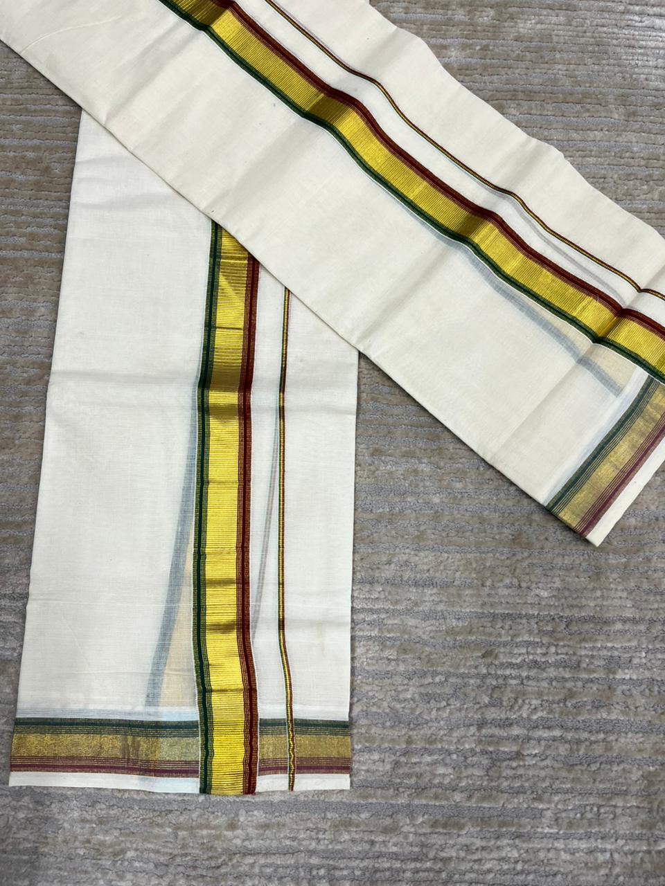 Southloom Pure Cotton Kerala Kasavu Set Mundu (Mundum Neriyathum) Gold Kasavu & Green And Red Border 2.80 Mtrs