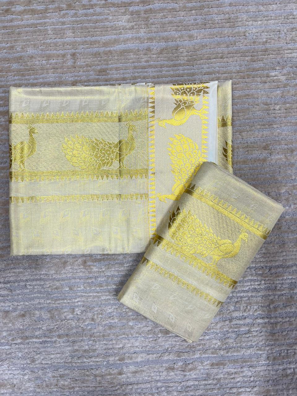 Kerala Tissue Single Set Mundu (Mundum Neriyathum) with Gold Peacock Design 2.80 Mtrs SL402 SL402
