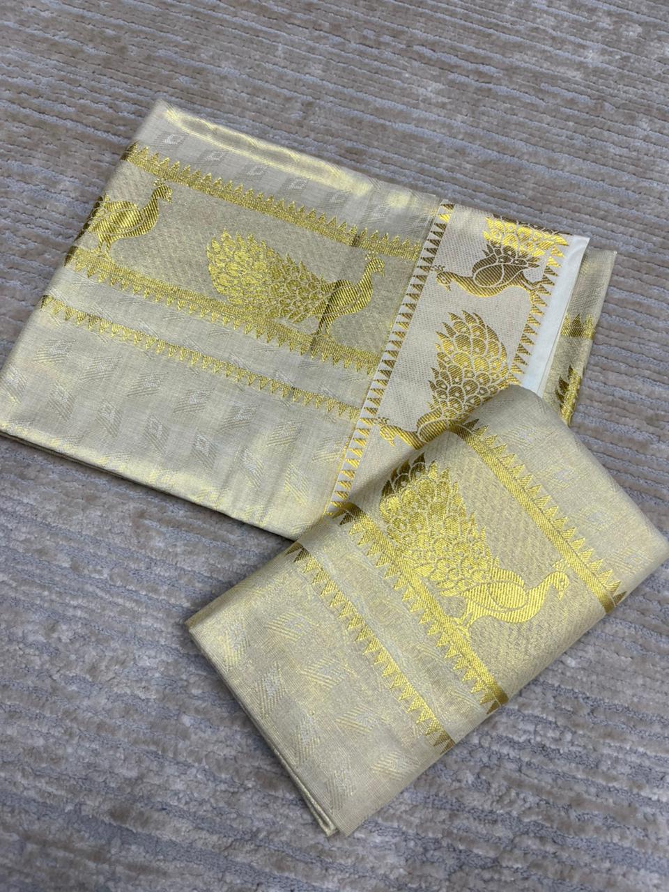 Kerala Tissue Single Set Mundu (Mundum Neriyathum) with Gold Peacock Design 2.80 Mtrs SL402 SL402