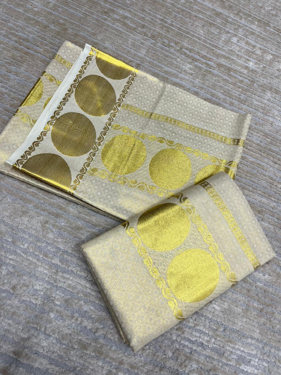 Kerala Tissue Single Set Mundu (Mundum Neriyathum) with Gold Big Polka Design 2.80 Mtrs