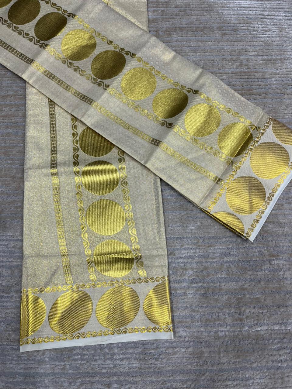 Kerala Tissue Single Set Mundu (Mundum Neriyathum) with Gold Big Polka Design 2.80 Mtrs