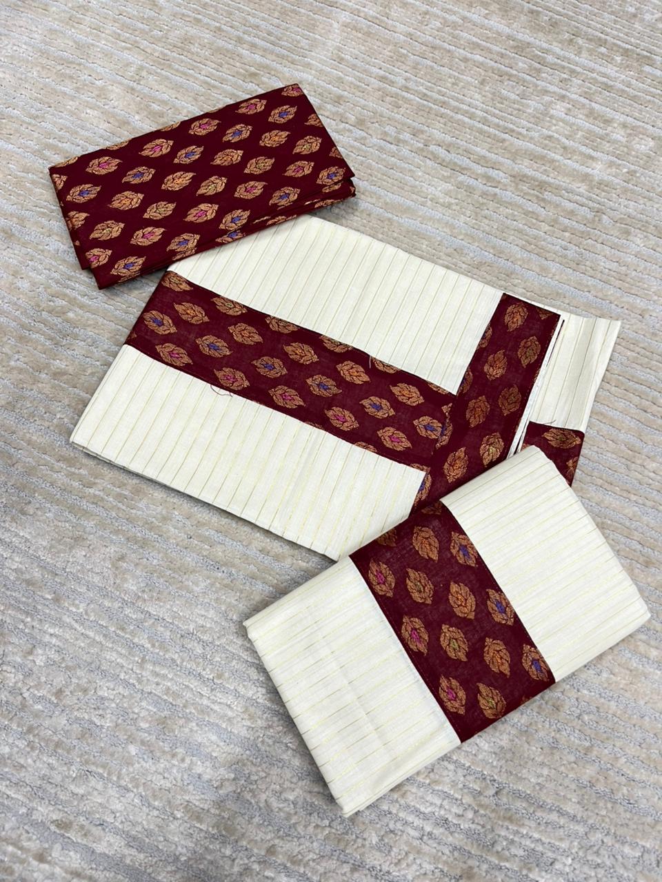 Southloom Cotton Single Set Mundu (Mundu Neriyathum) With Lines And Maroon Border Kasavu in 2.80 Mtrs With Blouse