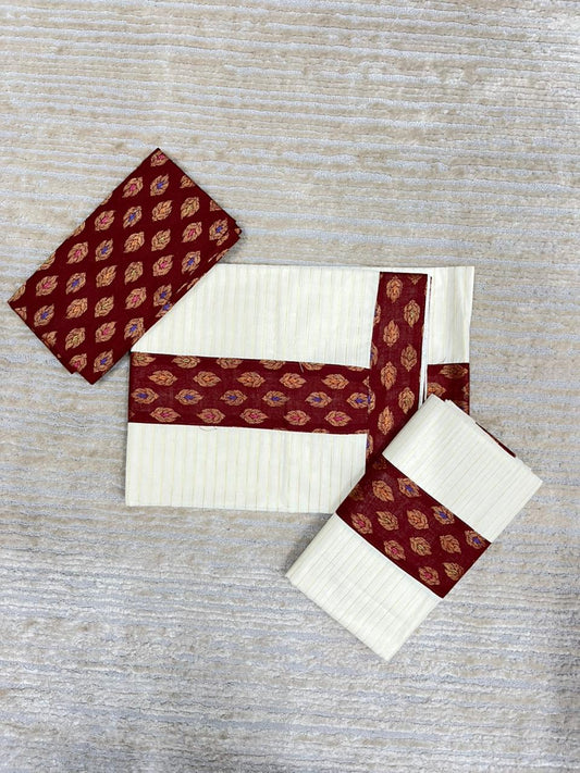 Southloom Cotton Single Set Mundu (Mundu Neriyathum) With Lines And Maroon Border Kasavu in 2.80 Mtrs With Blouse