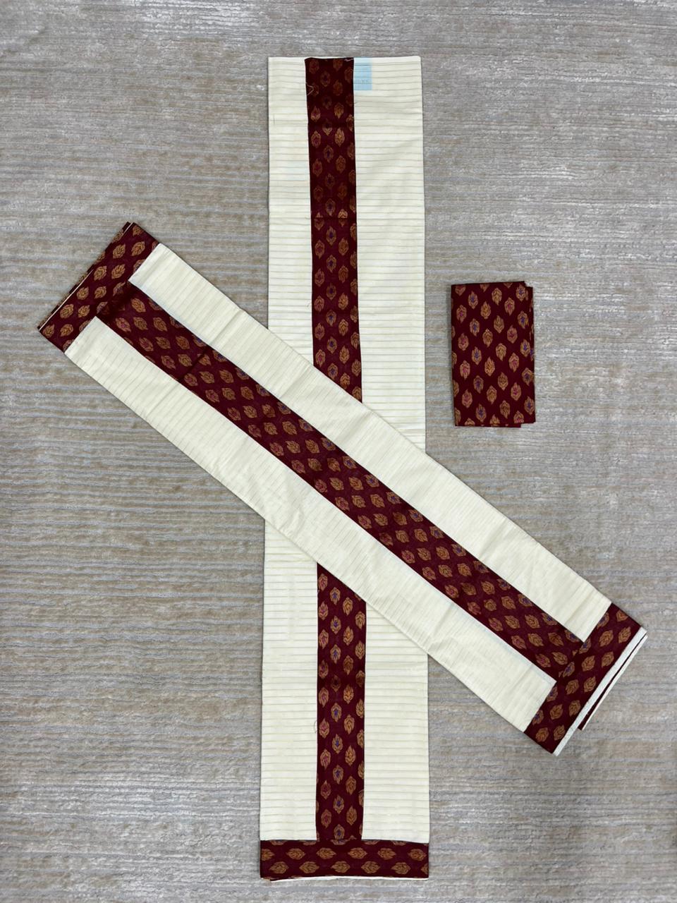 Southloom Cotton Single Set Mundu (Mundu Neriyathum) With Lines And Maroon Border Kasavu in 2.80 Mtrs With Blouse