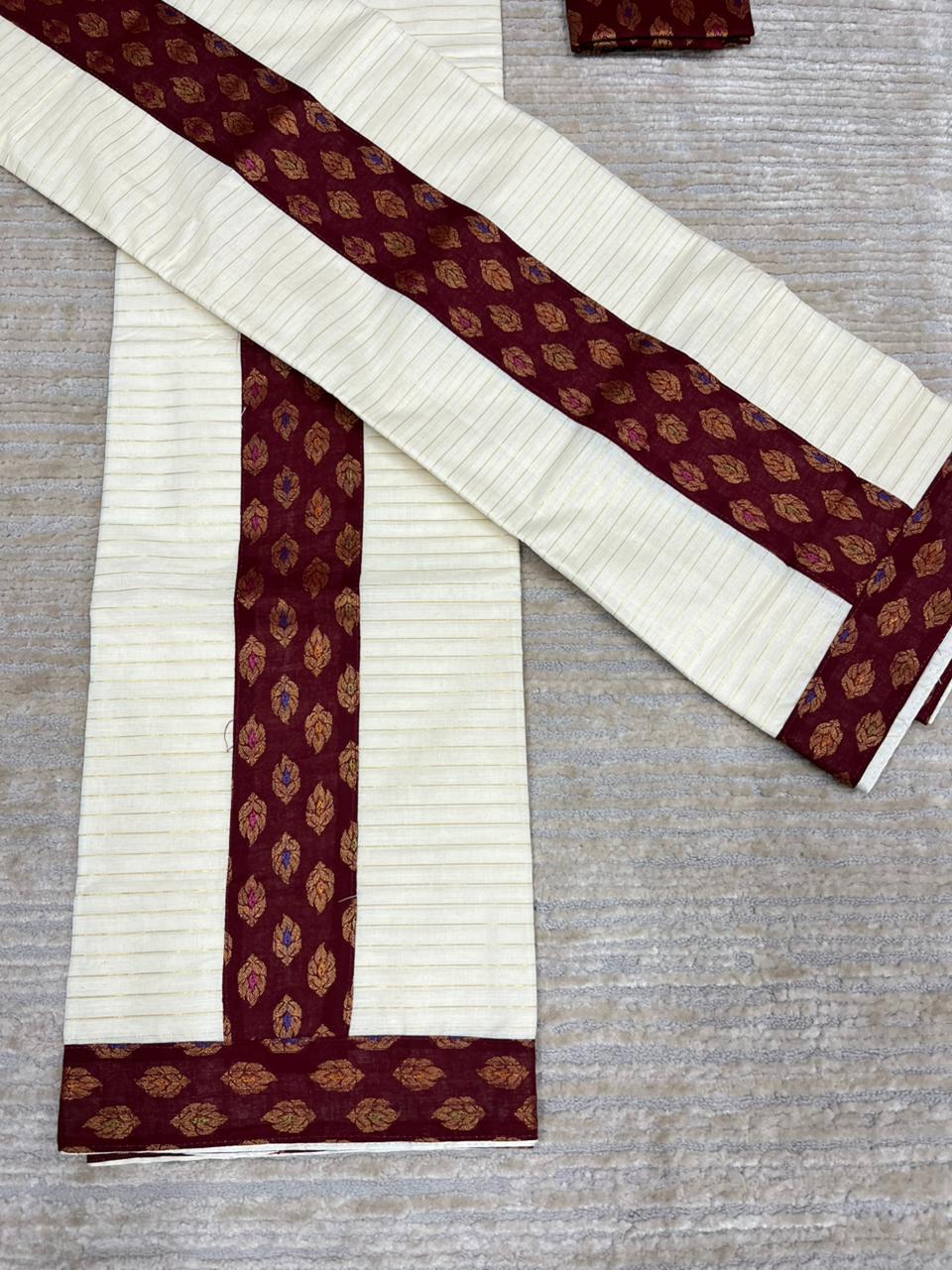 Southloom Cotton Single Set Mundu (Mundu Neriyathum) With Lines And Maroon Border Kasavu in 2.80 Mtrs With Blouse