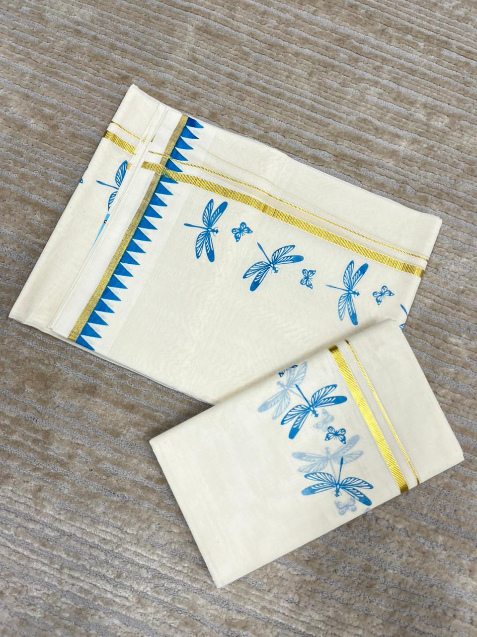 Southloom Kerala Cotton Single Set Mundu (Mundum Neriyathum) with Blue Thumbi Block Printed Design And Gold Kasavu 2.80Mtrs SL151