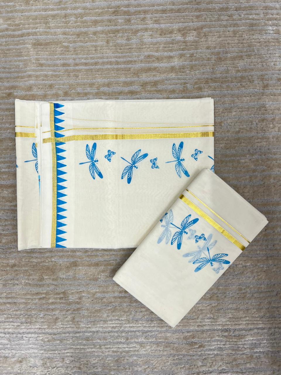 Southloom Kerala Cotton Single Set Mundu (Mundum Neriyathum) with Blue Thumbi Block Printed Design And Gold Kasavu 2.80Mtrs SL151