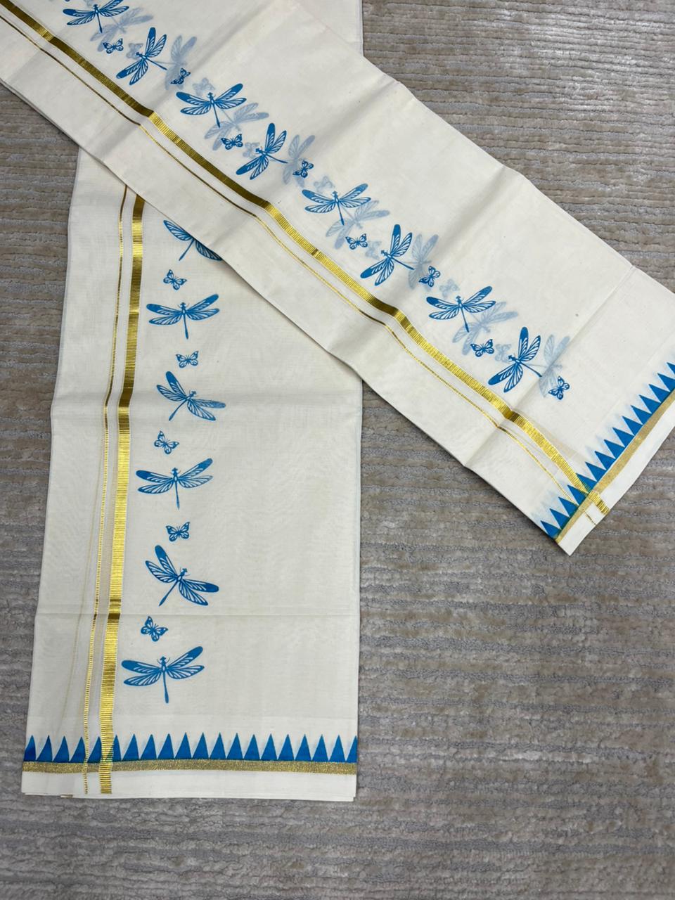 Southloom Kerala Cotton Single Set Mundu (Mundum Neriyathum) with Blue Thumbi Block Printed Design And Gold Kasavu 2.80Mtrs SL151