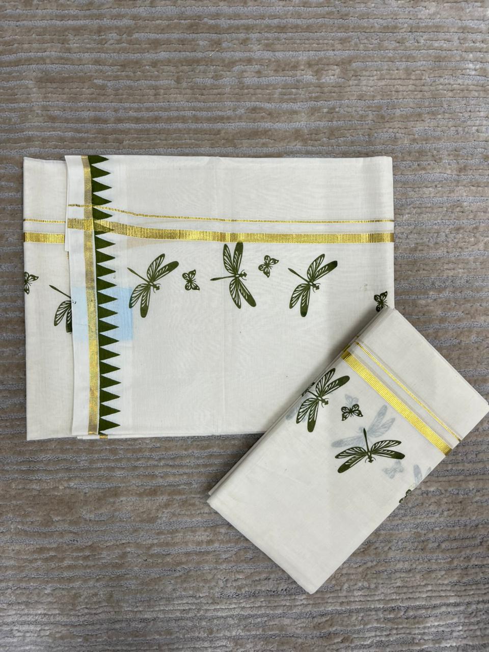 Southloom Kerala Cotton Single Set Mundu (Mundum Neriyathum) with Olive Green Thumbi Block Printed Design And Gold Kasavu 2.80 Mtrs SL151