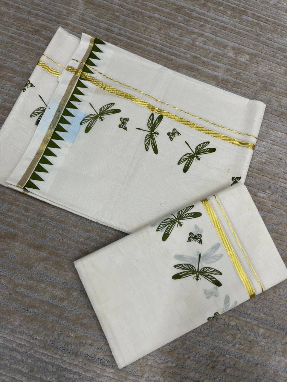 Southloom Kerala Cotton Single Set Mundu (Mundum Neriyathum) with Olive Green Thumbi Block Printed Design And Gold Kasavu 2.80 Mtrs SL151