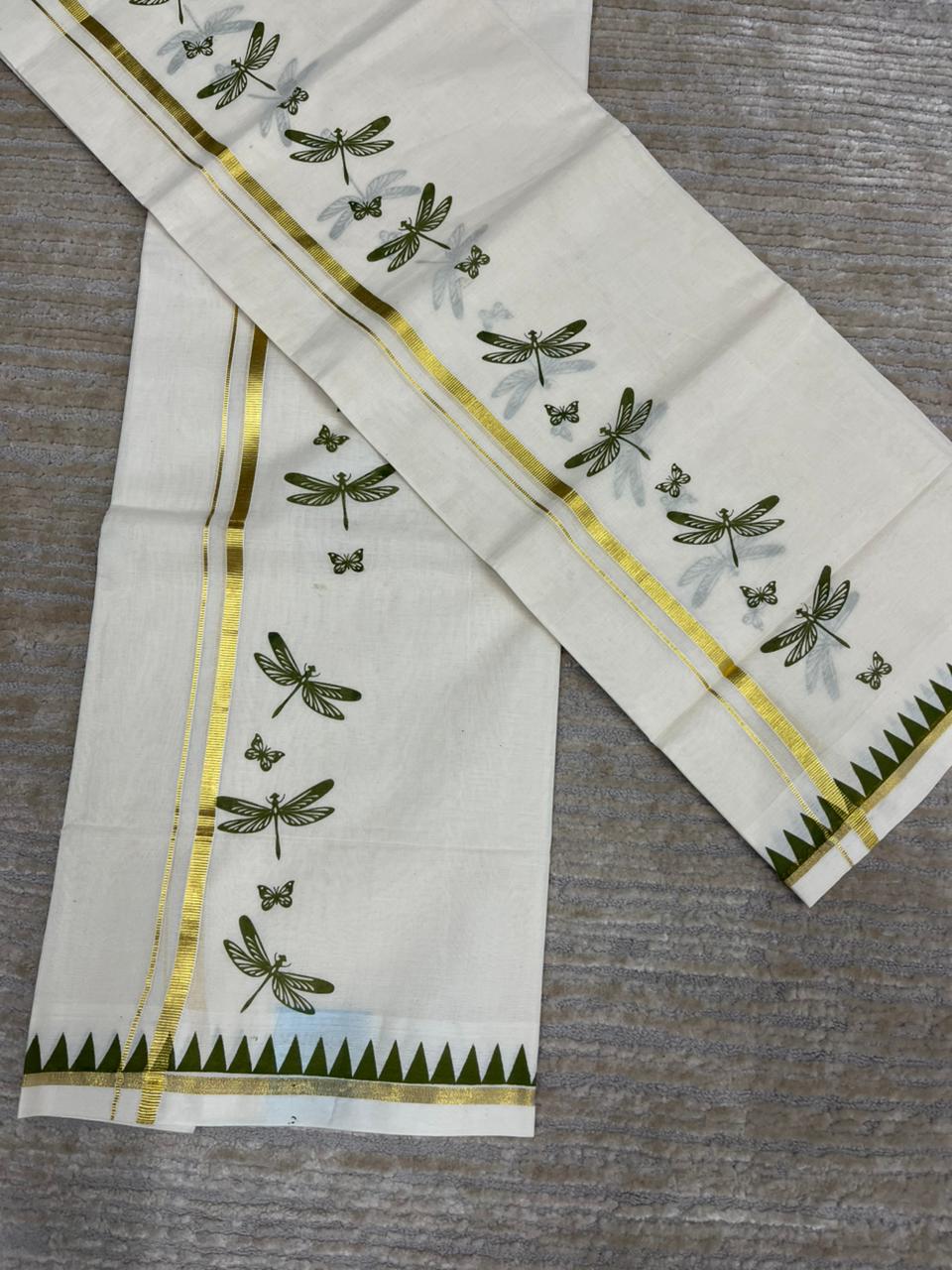 Southloom Kerala Cotton Single Set Mundu (Mundum Neriyathum) with Olive Green Thumbi Block Printed Design And Gold Kasavu 2.80 Mtrs SL151