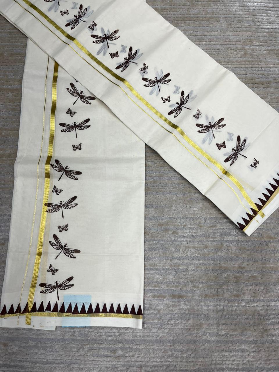 Southloom Kerala Cotton Single Set Mundu (Mundum Neriyathum) with Brown Thumbi Block Printed Design And Gold Kasavu 2.80Mtrs SL151