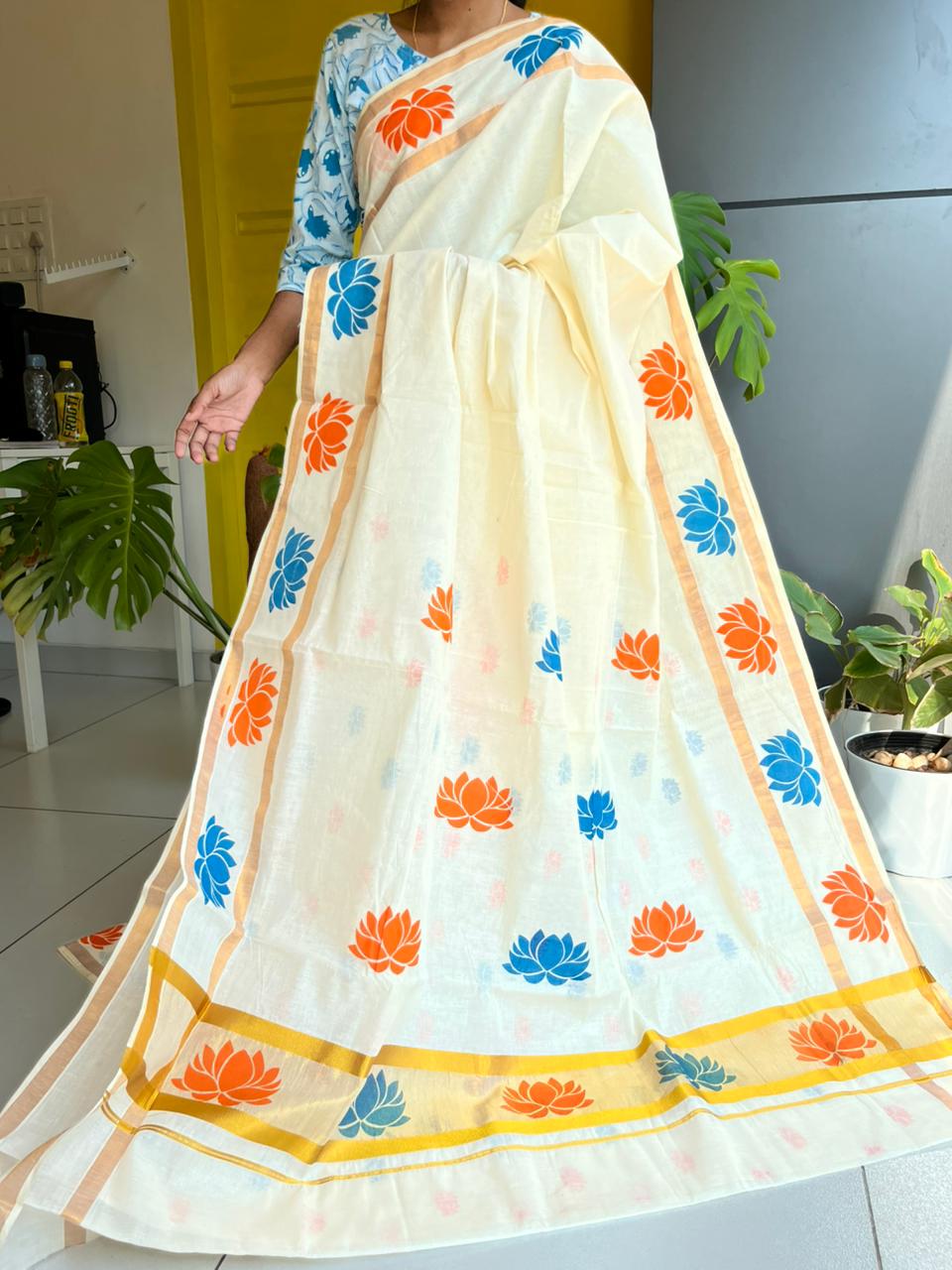 Kerala Cotton Saree with Blue and Orange Lotus Print SLlotus
