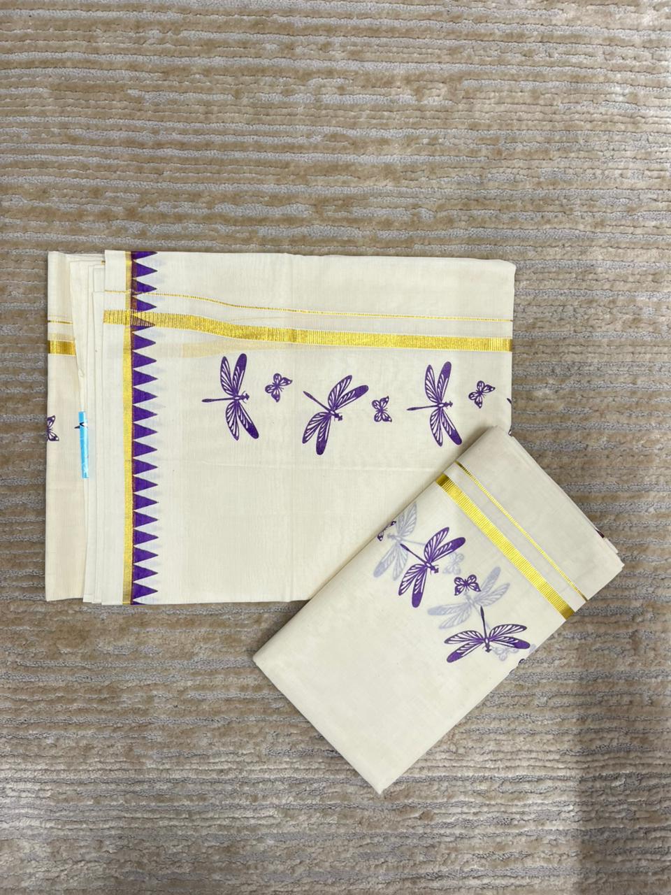 Southloom Kerala Cotton Single Set Mundu (Mundum Neriyathum) with Violet Thumbi Block Printed Design And Gold Kasavu 2.80Mtrs SL151