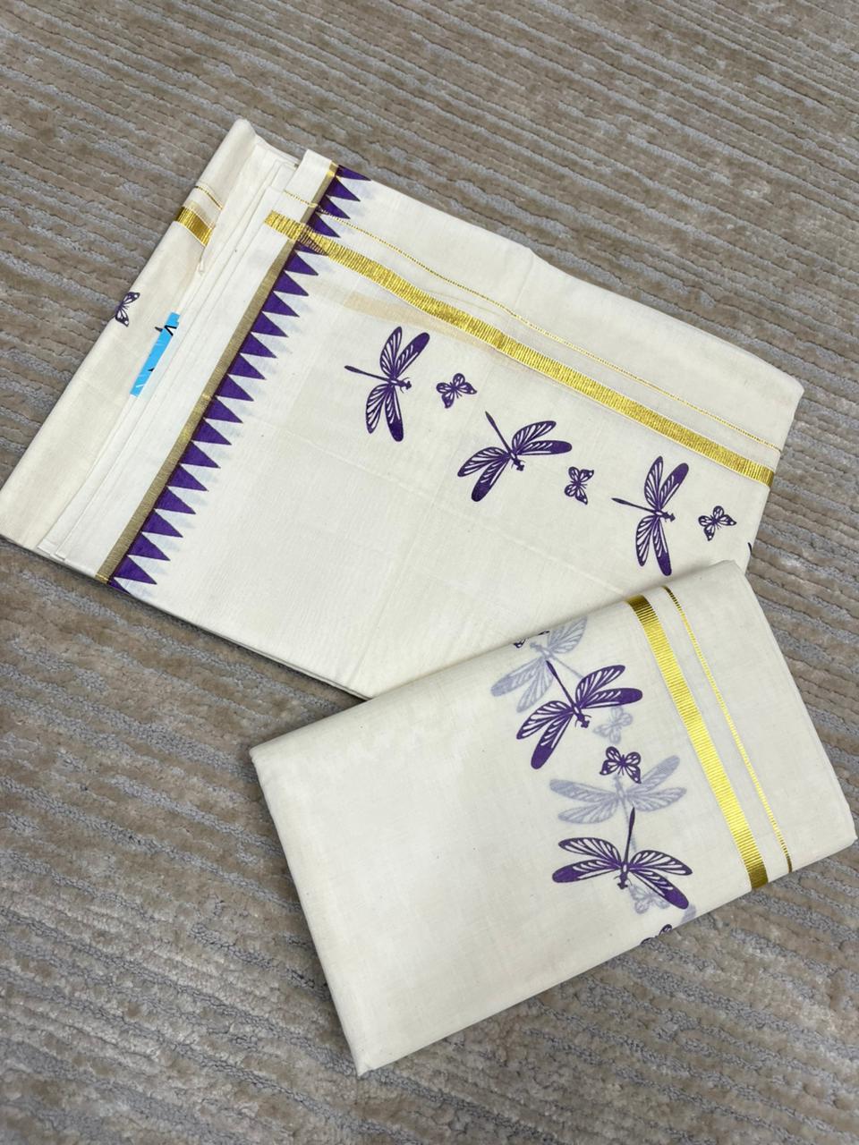 Southloom Kerala Cotton Single Set Mundu (Mundum Neriyathum) with Violet Thumbi Block Printed Design And Gold Kasavu 2.80Mtrs SL151