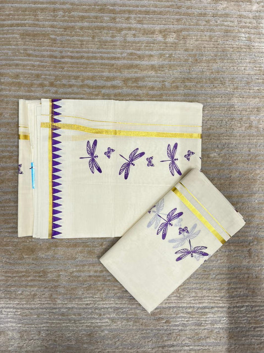 Southloom Kerala Cotton Single Set Mundu (Mundum Neriyathum) with Violet Thumbi Block Printed Design And Gold Kasavu 2.80Mtrs SL151