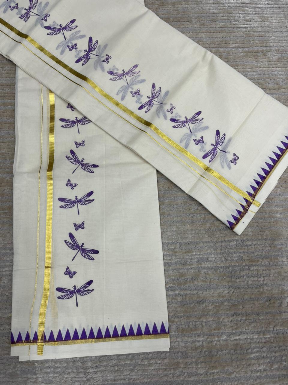 Southloom Kerala Cotton Single Set Mundu (Mundum Neriyathum) with Violet Thumbi Block Printed Design And Gold Kasavu 2.80Mtrs SL151