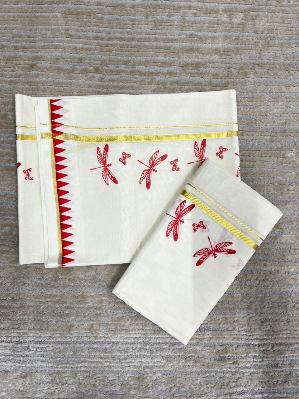 Southloom Kerala Cotton Single Set Mundu (Mundum Neriyathum) with Red Thumbi Block Printed Design And Gold Kasavu 2.80Mtrs SL151