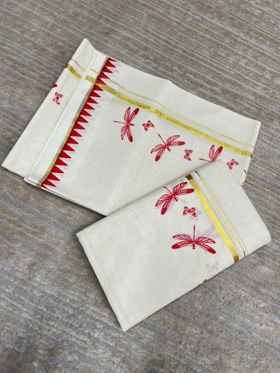 Southloom Kerala Cotton Single Set Mundu (Mundum Neriyathum) with Red Thumbi Block Printed Design And Gold Kasavu 2.80Mtrs SL151