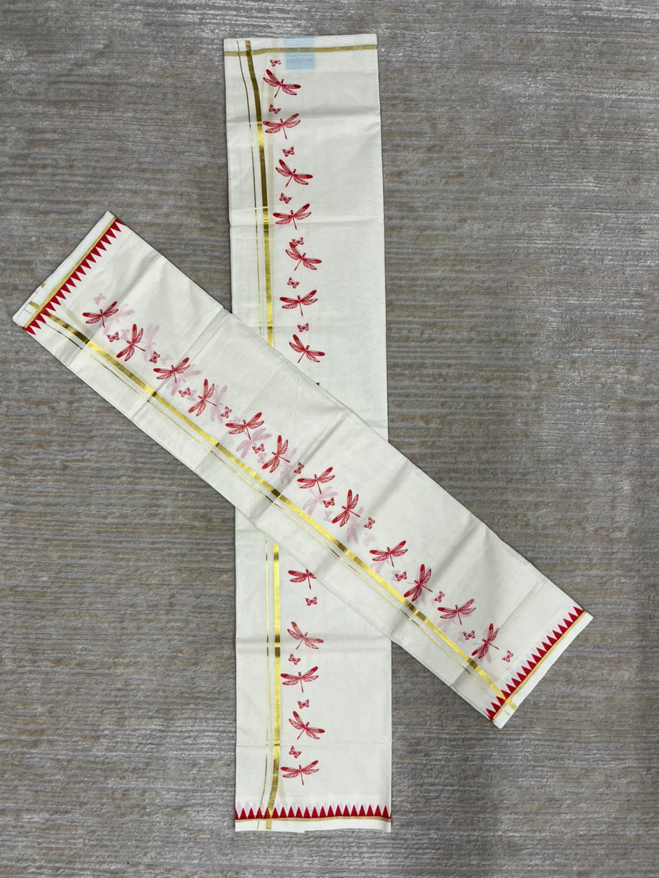 Southloom Kerala Cotton Single Set Mundu (Mundum Neriyathum) with Red Thumbi Block Printed Design And Gold Kasavu 2.80Mtrs SL151