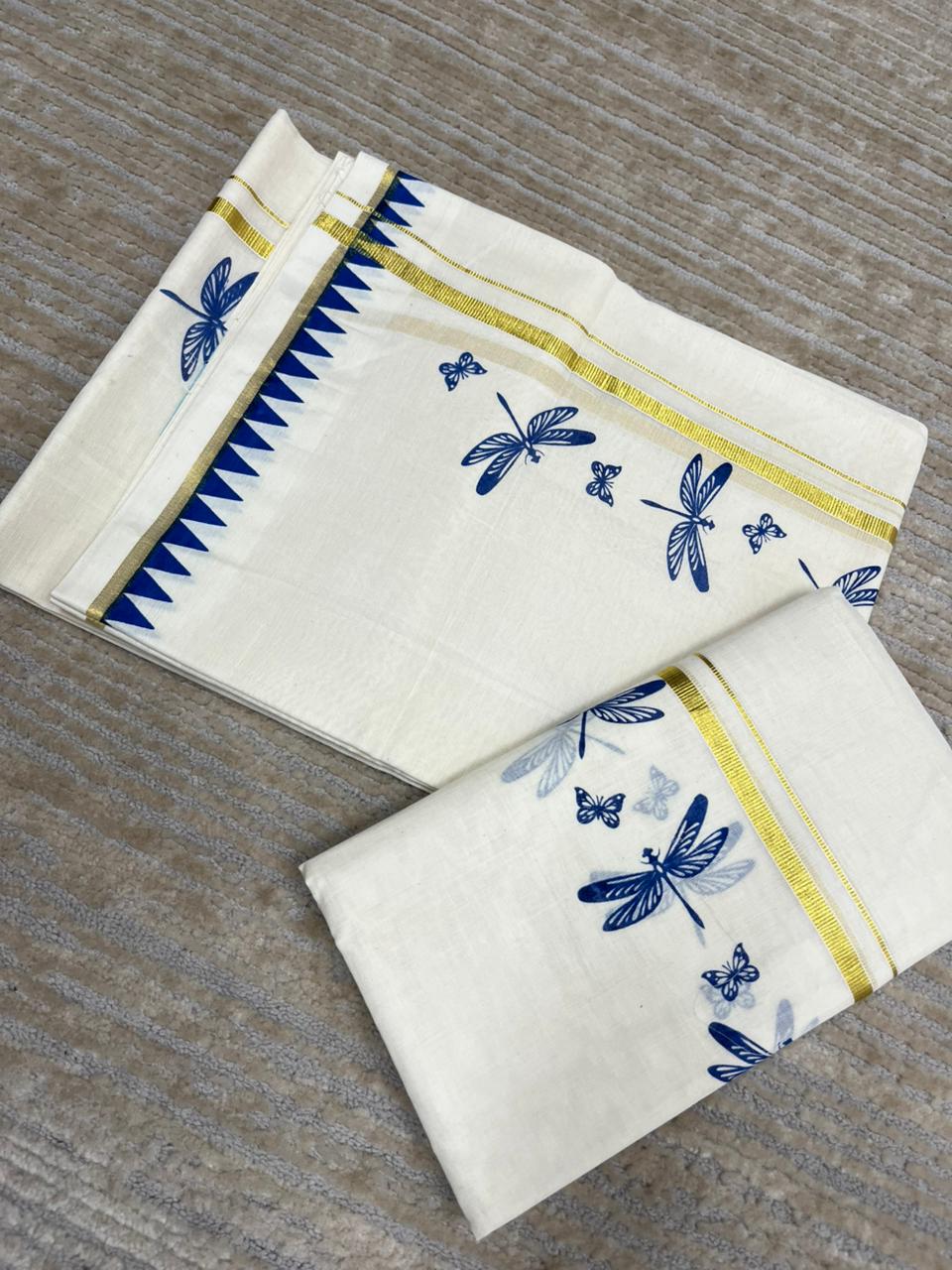 Southloom Kerala Cotton Single Set Mundu (Mundum Neriyathum) with Blue Thumbi Block Printed Design And Gold Kasavu 2.80Mtrs SL151